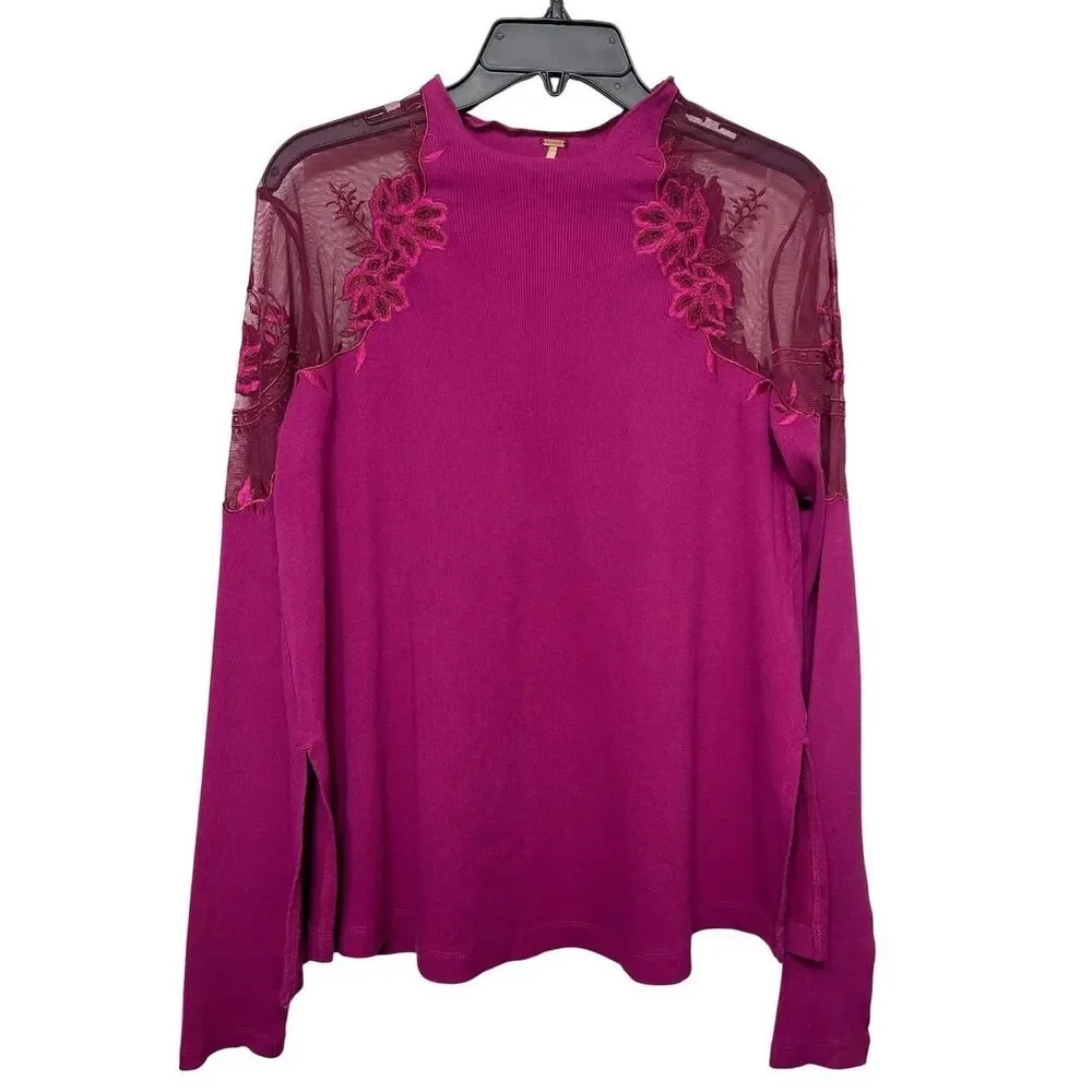 Free People Daniella Ribbed Embroidered Mesh Shoulder Long Sleeve Top in Berry S